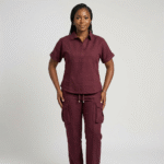 Burgundy Tailored Collared Cargo Scrub Set