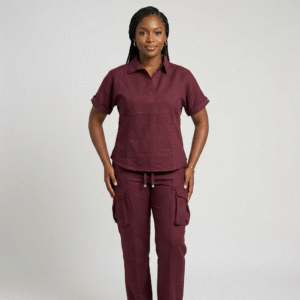 Burgundy Tailored Collared Cargo Scrub Set
