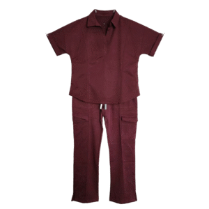 Burgundy Tailored Collared Cargo Scrub Set