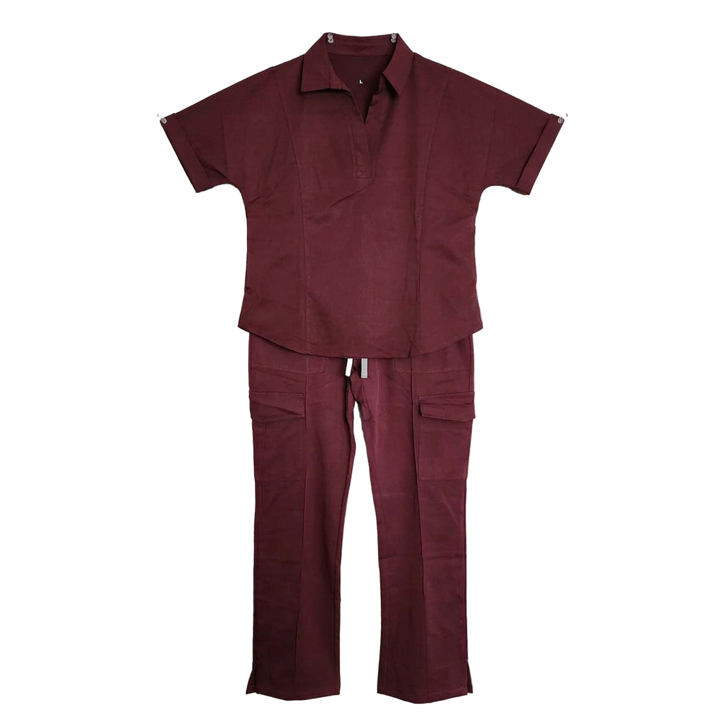 Burgundy Tailored Collared Cargo Scrub Set