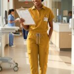 Dark gold Tailored Collared Cargo Scrub Set
