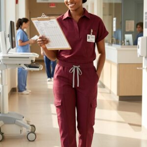 Burgundy Tailored Collared Cargo Scrub Set