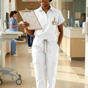 White Tailored Collared Cargo Scrub Set